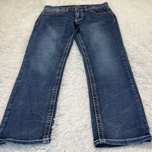TRUE LUCK Stylish Blue Denim Jeans MENS 32/30 see pics stitches on back pocket